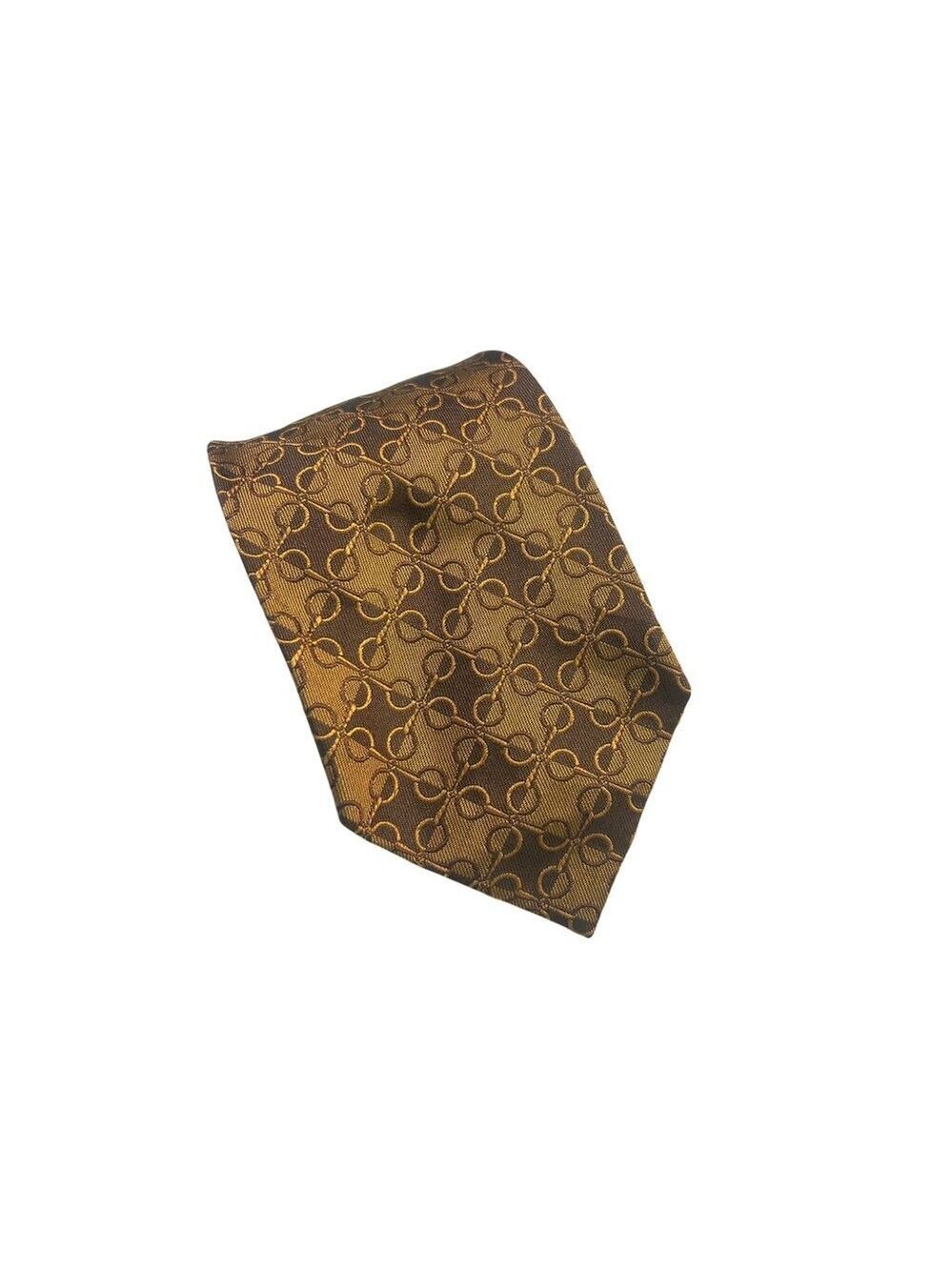 Longchamp Paris Mens Tie Brown & Gold Chain Pattern 100% Silk